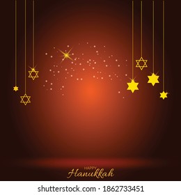 Happy Hanukkah, Jewish Festival of Lights scene with people, happy families with children. Background with menorah (traditional candelabra) and candles