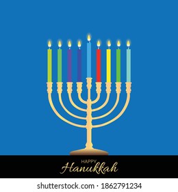 Happy Hanukkah, Jewish Festival of Lights scene with people, happy families with children. Background with menorah (traditional candelabra) and candles