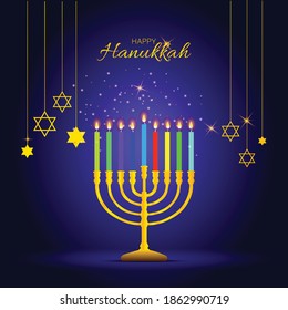 Happy Hanukkah, Jewish Festival of Lights scene with people, happy families with children. Background with menorah (traditional candelabra) and candles