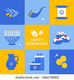 Happy Hanukkah, Jewish Festival of Lights. Jewish holiday Hanukkah greeting card traditional Chanukah symbols