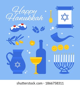 Happy Hanukkah, Jewish Festival of Lights. Happy hanukkah set of icons flat style. Hanukkah collection of design elements with menorah, sufganiyot, bunting, dreidel, coins, oil