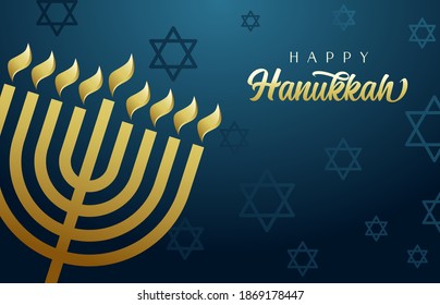 Happy Hanukkah, das jüdische Lichtfestival, festlicher blauer Hintergrund mit Menorah, goldenen Lichtern und David Sterne. Holiday hanuka, Vektorgrafik