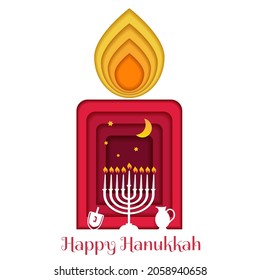 Feliz Hanukkah, papel del Festival de las Luces Judío corte tarjeta de saludo con símbolos Chanukah dreidels, spinning top, letras hebreas, velas menorah, frasco de aceite, estrella David. Ilustración vectorial.