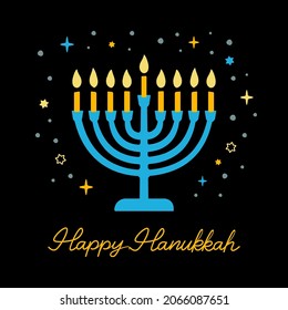 Happy Hanukkah (Jewish Festival of Lights) greeting card with Hanukkah Menorah (candelabra) and hand written lettering. Flyer, poster, label, invitation design