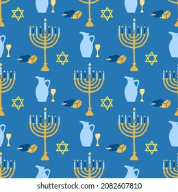 Happy Hanukkah, the Jewish festival of lights. Menorah candle holder with lighted candles. Vector seamless pattern on blue background