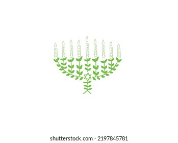 Happy Hanukkah, Jewish Festival of Lights scene with people, happy families with children. Happy Hanukkah lettering in Hebrew. Original Hebrew font logo with Hanukkah menorah (candelabra) for postcard