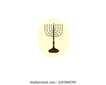 Happy Hanukkah, Jewish Festival of Lights scene with people, happy families with children. Happy Hanukkah lettering in Hebrew. Original Hebrew font logo with Hanukkah menorah (candelabra) for postcard