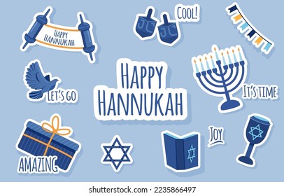 Happy Hanukkah, Jewish Festival of Lights Doodle Art. Religious Festive Symbols Vector Illustration. Cute Greeting Sticker