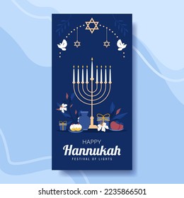 Happy Hanukkah, Jewish Festival of Lights Poster. Religious Festive Symbols Vector Illustration.