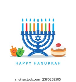 Happy Hanukkah, Jewish Festival of Lights vector design with Chanukah symbols menorah candles, donut, dreidels, Hebrew letters, David star