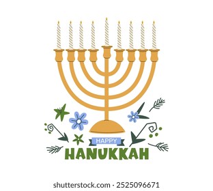 Happy Hanukkah, Jewish Festival of Lights background for greeting card, invitation, banner. Celebrating Hanukkah. Vector illustration featuring a six point star, a candlestick and traditional gifts