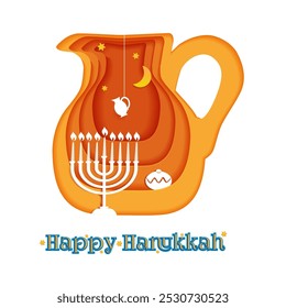 Happy Hanukkah, Jewish Festival of Lights paper cut greeting card with Chanukah symbols Oil Jar, star David, candles, and glowing lights.