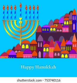 Happy Hanukkah, jewish festival of Lights. Hanukkah menorah for design of greeting card, banner, poster. Vector illustration.