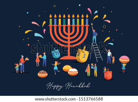 Happy Hanukkah, Jewish Festival of Lights scene with people, happy families with children Stock fotó © 