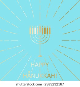 Happy Hanukkah Jewish festival poster with Menorah Lamp, burning candles and beams of light in gold on turquoise background. Happy Hanukkah text in English. For flyer, sticker, poster, greeting card