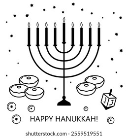 Happy Hanukkah Jewish festival poster featuring a nine-branched Hanukkiah, burning candles, Sufganiyot (round jelly doughnuts), Hanukkah gelt (chocolate coins), and a Dreidel (spinning top) in black