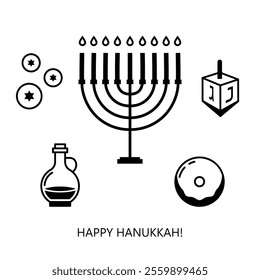 Happy Hanukkah Jewish festival poster featuring a nine-branched Hanukkiah, burning candles, Sufganiyah(round jelly doughnut), Hanukkah gelt (chocolate coins), Dreidel (spinning top), oil jug in black