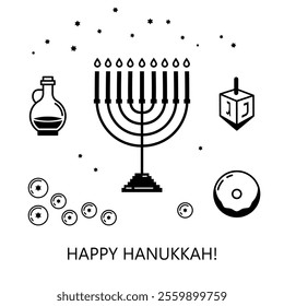 Happy Hanukkah Jewish festival poster in black featuring a nine-branched Hanukkiah, burning candles, Sufganiyah(round jelly doughnut), Hanukkah gelt (chocolate coins), Dreidel (spinning top), oil jug