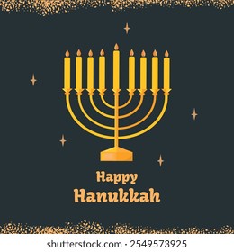 Feliz Hanukkah Judeu distintivo de férias, cartaz, faixa, convite, cartão. Design dourado sobre fundo escuro.