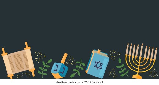 Happy Hanukkah Jewish holiday banner, background with Torah, menorah, olive branches and dreidel.