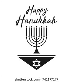 Happy  Hanukkah. Jewish holiday. Black and white simple sign of candle and Jewish star.