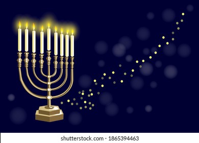 Fröhlich Hanukkah. Jüdischer Urlaub Chanukka Grußkarte .Golden Hanukkiah, menorah brennende Kerzen auf blauem dunklem Hintergrund.Vektorgrafik