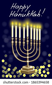 Happy Hanukkah. Jewish holiday Chanukkah greeting card .Golden Hanukkiah, menorah  burning candles  on blue dark background.vector illustration