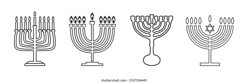 Happy Hanukkah Jewish Holiday festival of lights decoration menorah candlestick symbols web logo candles sign element silhouette isolated black line white background vector chanukkah template Israel