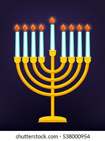 Happy Hanukkah, Jewish holiday. Golden menorah with burning candles. Hanukkah vector illustration.