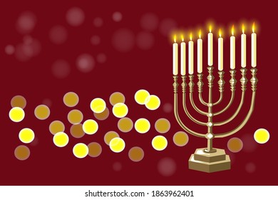  Happy Hanukkah. Jewish holiday Hanukkah greeting card .Golden Hanukkiah, menorah  burning candles  on red dark background.vector illustration