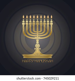 Happy Hanukkah. Jewish holiday Hanukkah greeting card. Vector Hanukkah background with candles and menorah (traditional Candelabra).