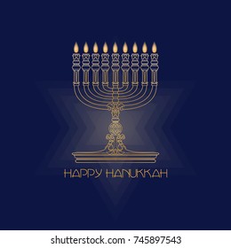 Happy Hanukkah. Jewish holiday Hanukkah greeting card. Vector Hanukkah background with candles and menorah on dark blue.