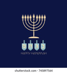 Happy Hanukkah. Jewish holiday Hanukkah greeting card. Vector Hanukkah background with candles, menorah and dreidel.