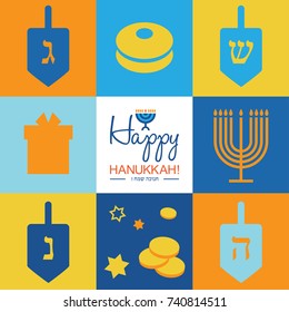 Happy Hanukkah jewish holiday icons set. 
Trendy flat style. Vector illustration