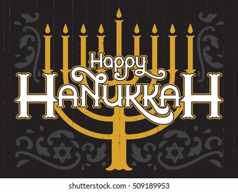 Happy Hanukkah, jewish holiday. Lettering of Happy Hanukkah template. Vector background with menorah. Elegant greeting card. 