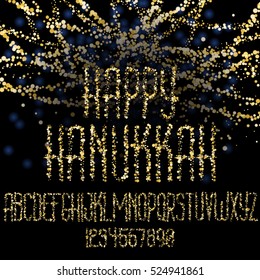 Happy Hanukkah, jewish holiday. Lettering of Hanukkah gold glitter garlands font set on transparent background. Set of the sparkling light letters. Vector illustration
