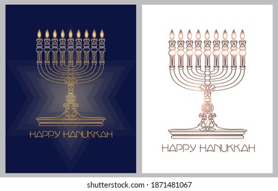 Happy Hanukkah. Jewish holiday. Menorah and candles. Vector banner template.