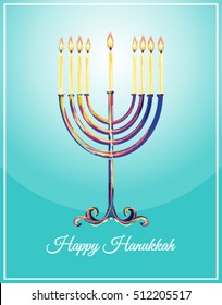  Happy Hanukkah. Jewish holiday. Hanukkah Menorah on Light Blue Background