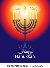  Happy Hanukkah. Jewish holiday. Hanukkah Menorah on Blue Background