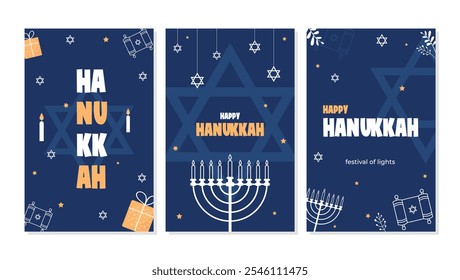 Happy Hanukkah Jewish Holiday Social Media Post Template.Hanukkah background with holiday candles and David stars. Modern paper cut design for Jewish Festival of light. Place for your text