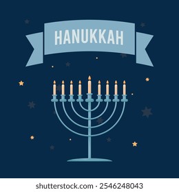 Happy Hanukkah Jewish Holiday Social Media Post Template.Hanukkah greeting card with candles. Happy Hanukkah, Jewish holiday background. Vector Hanukkah on blue background with menorah