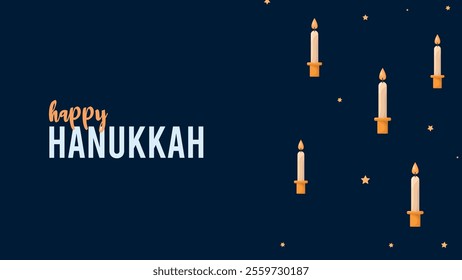 Happy Hanukkah Jewish Holiday Social Media Post Template.Hanukkah on blue horizontal background with holiday candles and stars.Design for Jewish Festival of light. Place for your text.