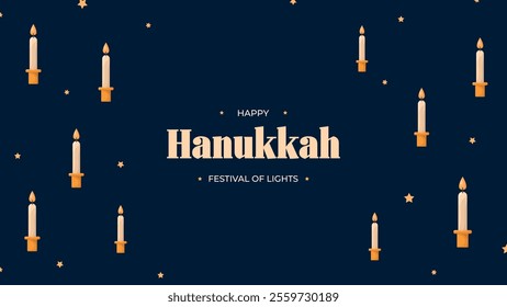 Happy Hanukkah Jewish Holiday Social Media Post Template.Hanukkah on blue horizontal background with holiday candles and stars.Design for Jewish Festival of light. Place for your text.