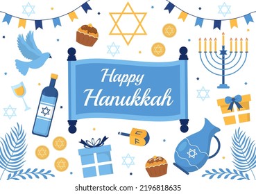 Happy Hanukkah Jewish holiday Template Hand Drawn Cartoon Flat Illustration with Menorah, Sufganiyot, Dreidel and Traditional Symbols