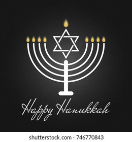 Happy Hanukkah is a Jewish holiday traditional poster or greeting card the rededication of the Holy Temple on the black background. The festival lights banner, candelabrum with candles and David star.