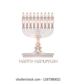 Happy Hanukkah. Jewish holiday. Vector elegant greeting card with linear detailed menorah isolated on white background.