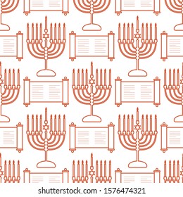 Happy Hanukkah. Jewish holiday Vector seamless pattern with traditional Chanukah symbols Menorah candles, Torah scroll on the white background. Festive design for textile, wrapping, print
