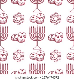 Happy Hanukkah. Jewish holiday Vector seamless pattern with traditional Chanukah symbols Menorah candles, donuts, cookies on the white background. Festive design for textile, wrapping, print