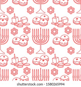 Happy Hanukkah. Jewish Holiday Vector Seamless Pattern With Traditional Chanukah Symbols Menorah Candles, Donuts, Dreidel Spinning Top, Coins, Cookies. Festive Design For Textile, Wrapping, Print