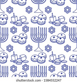 Happy Hanukkah. Jewish Holiday Vector Seamless Pattern With Traditional Chanukah Symbols Menorah Candles, Donuts, Dreidel Spinning Top, Coins, Cookies. Festive Design For Textile, Wrapping, Print